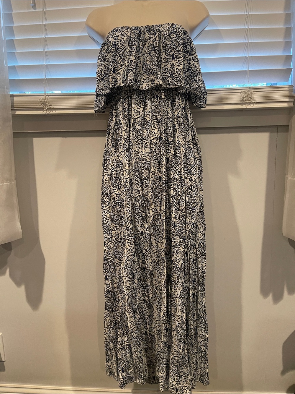 Strapless Navy and White Printed Maxi Dress